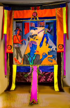 2nd Ave Downtown NYC Night in 1984 Oil painting 5ft by 5ft within a tapestry extending it to 15ft by 8ft